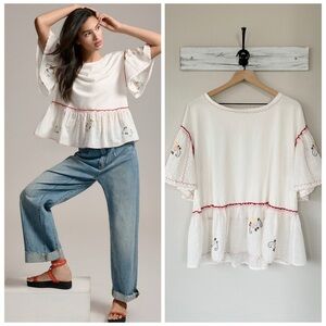 Embroidered Peplum Flutter-Sleeve Blouse - White